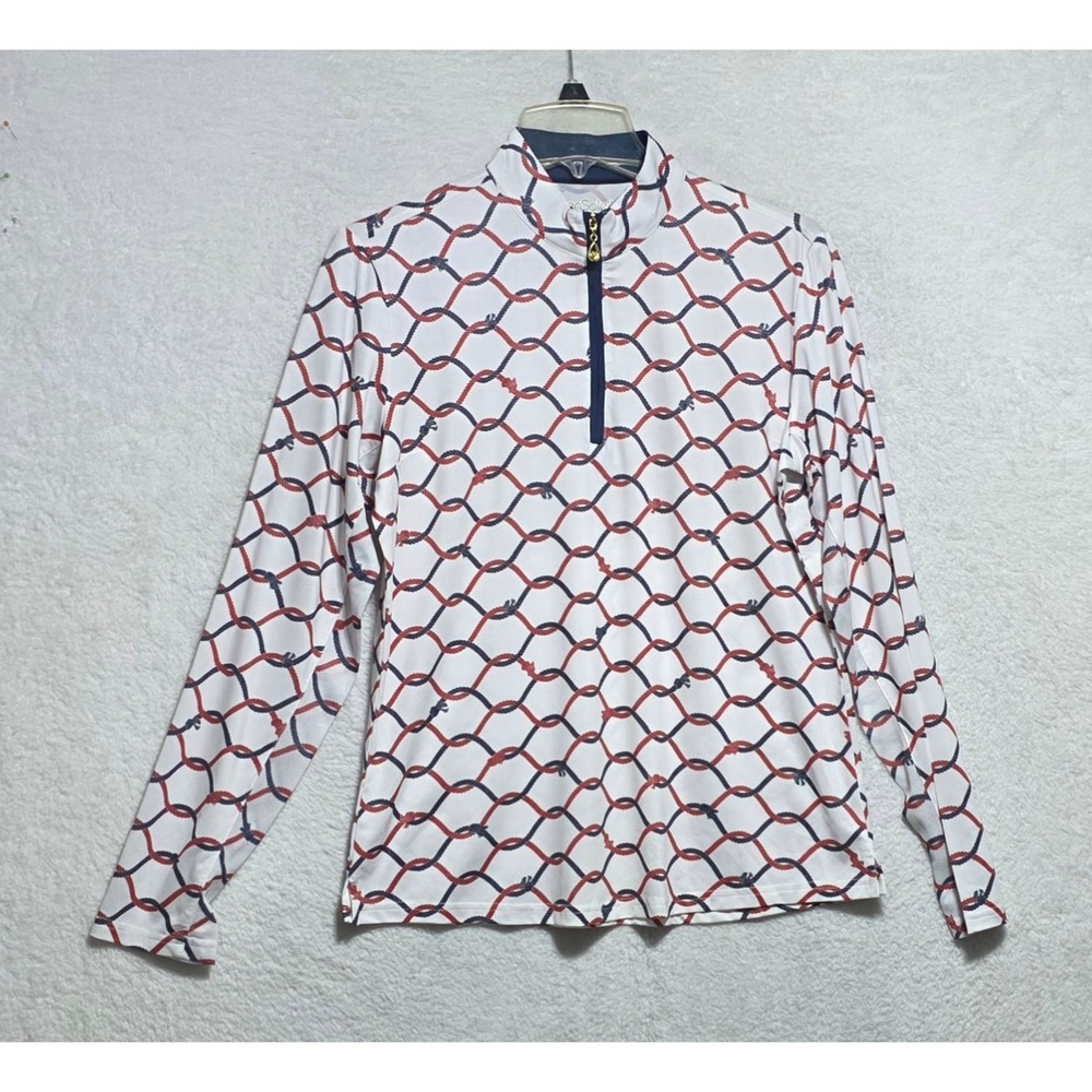 SanSoleil Women's UV 50 Cooling Quarter Zip Nautical Rope Print Top White Red L